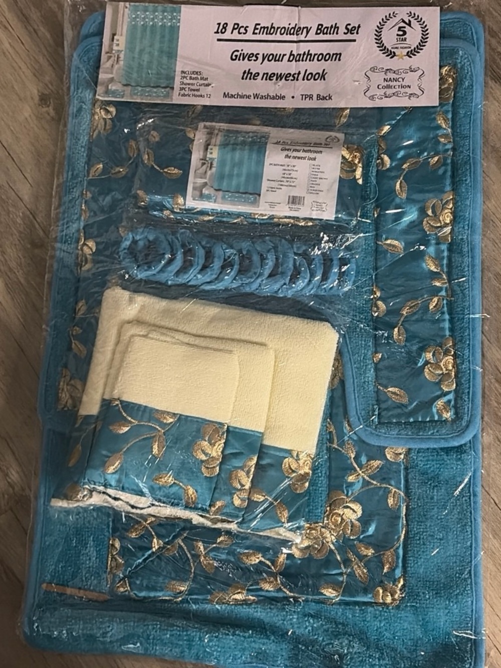 Nancy Collection 18-Piece Embroidery Bath Set - Teal and Gold
